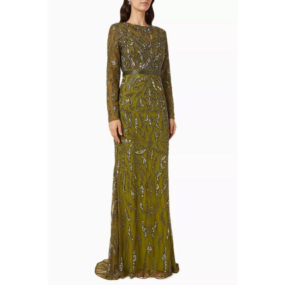 NWT Mac Duggal 5124 Women's Olive Green Beaded Long Sleeve Evening Gown Size 20 - Picture 1 of 16